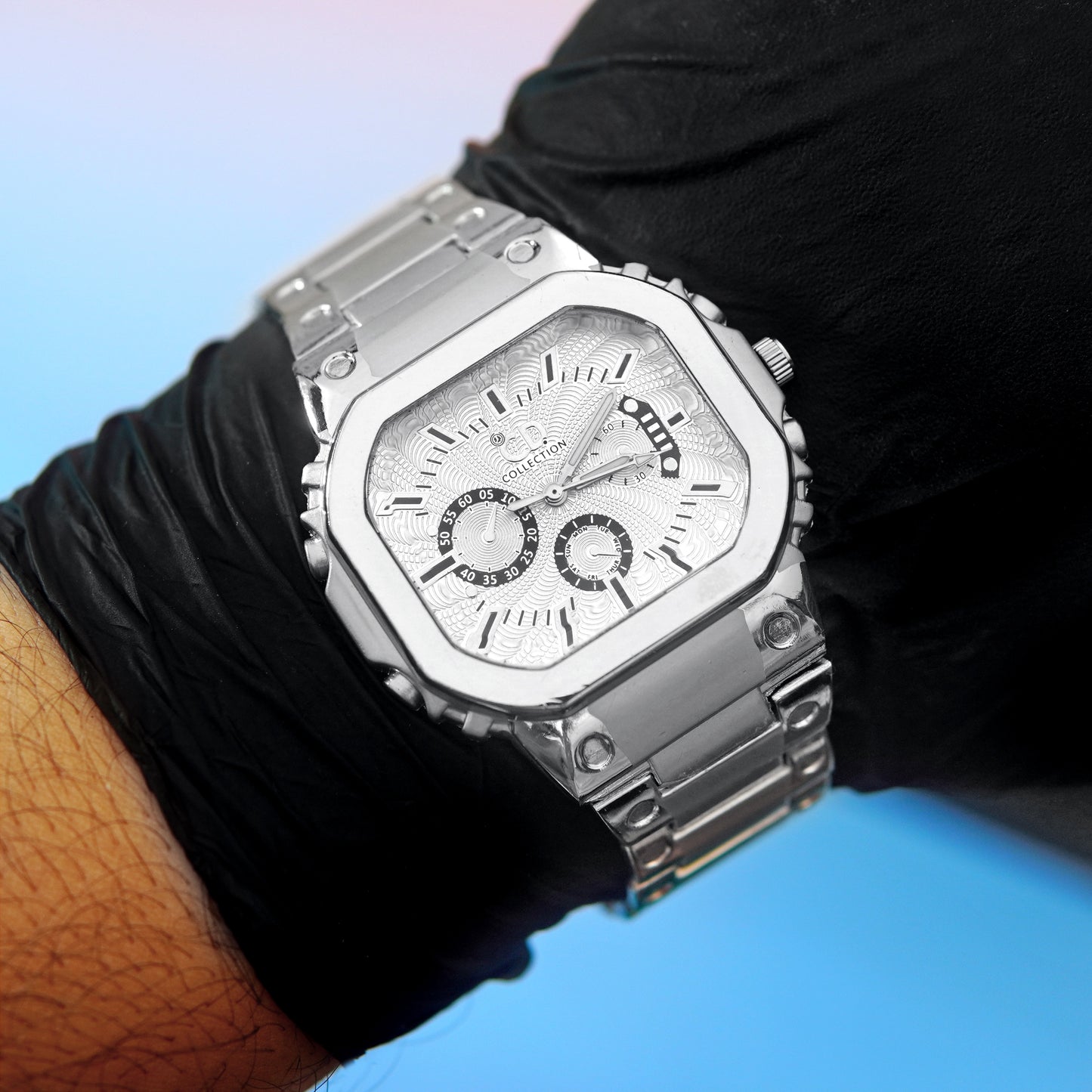 Stainless Silver Band Quartz Wrist Watch Silver CD Collection Turntable Dial Men