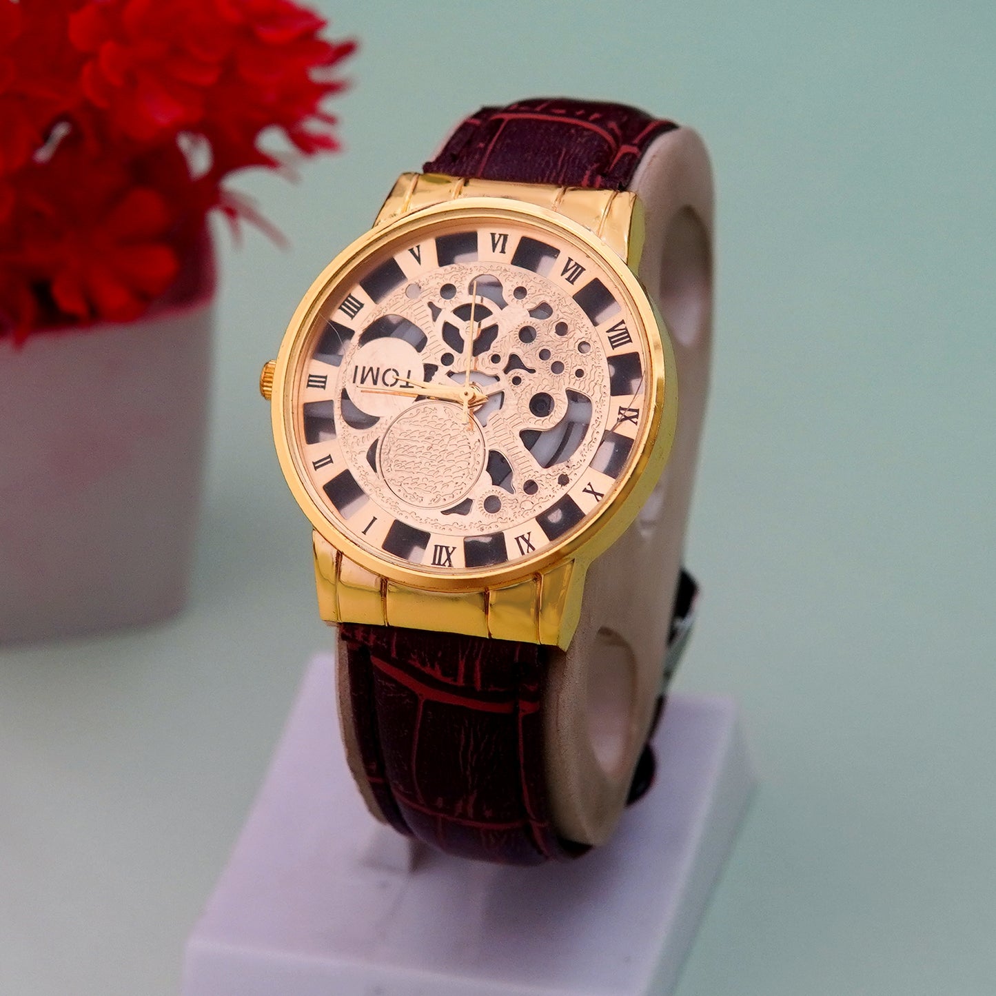 Brown Leather Tomi Watch With Box for Men