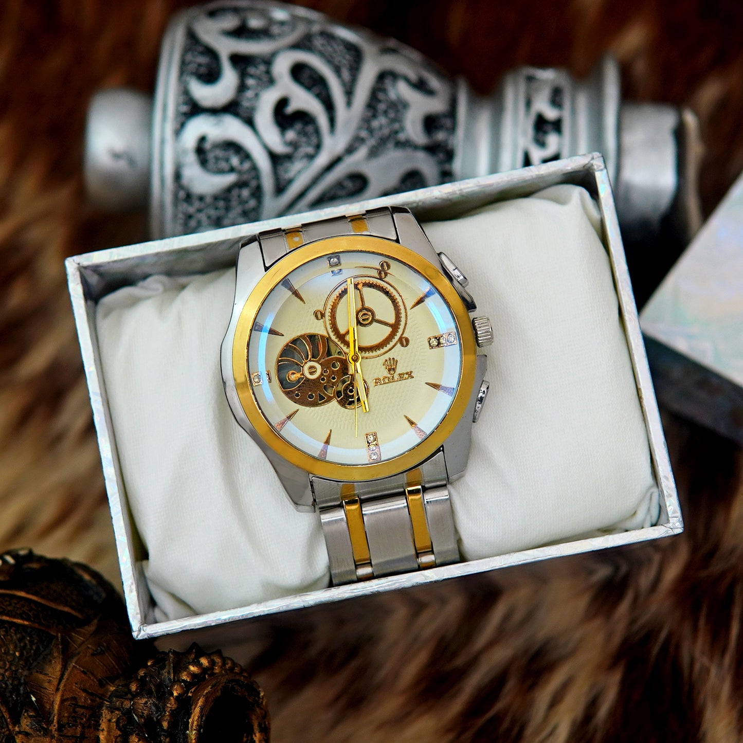 Rolex Luxury Quartz Watch - Gold & Silver Stainless Steel Chain -Rolex Men’s Elegant Quartz Watch - Dual-Tone Design