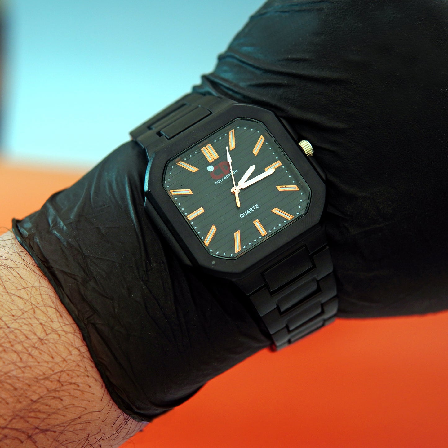 Stainless Black Band Quartz Wrist Watch Black CD Collection Turntable Dial Men
